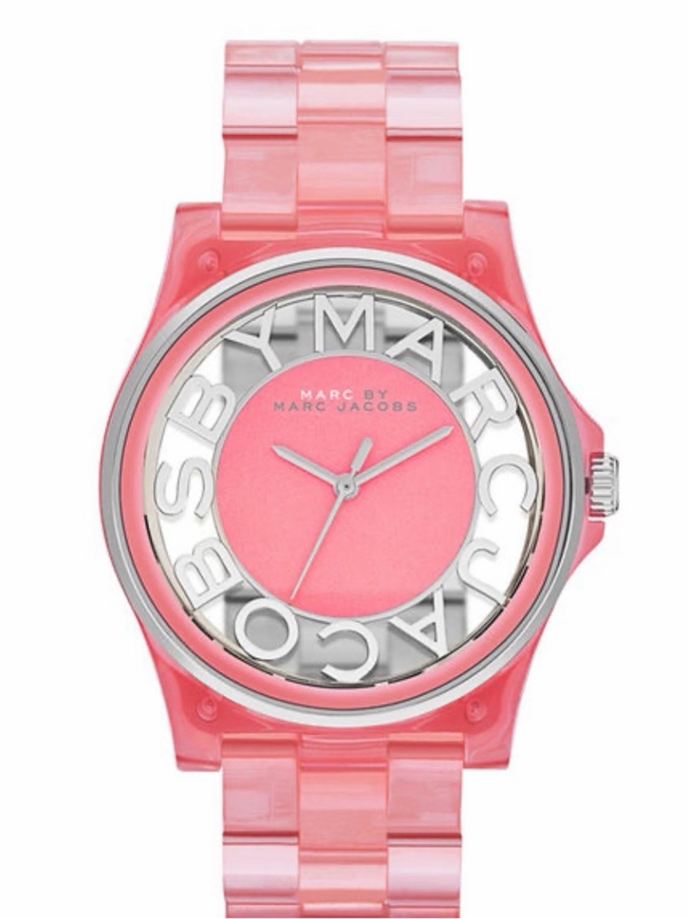 Marc by Marc Jacobs Pink Acrylic Bracelet Watch with Silver Logo Bezel